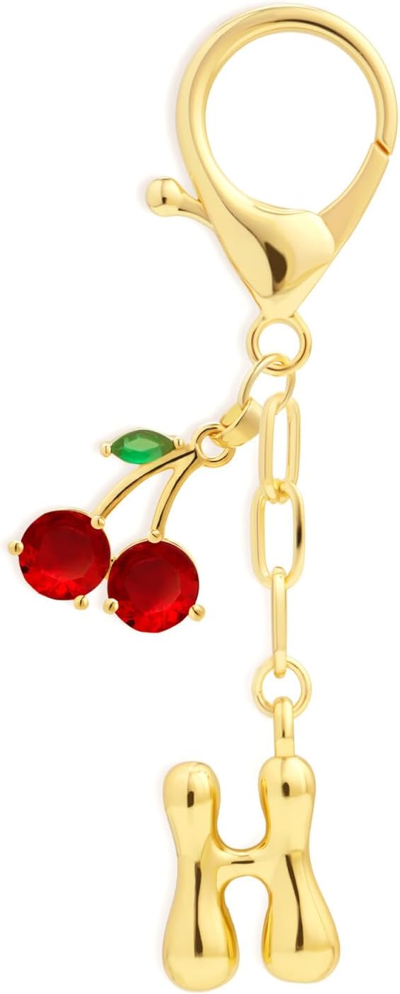 Fohufo Initial Keychains for Women - Cute Cherry Bag Charms Purse, 14K Gold Plated Keychain Accessories, Birthday Gifts