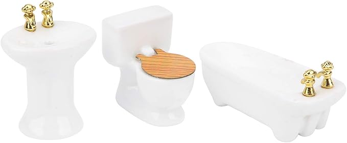 1/24 Dollhouse Miniature Bathroom Set Simulation Ceramic Bathtub Toilet Sink Kit Dollhouse Bathroom Set Melody Jane Dolls Houses Doll House Toilet Bathtub Furni (Pure White)