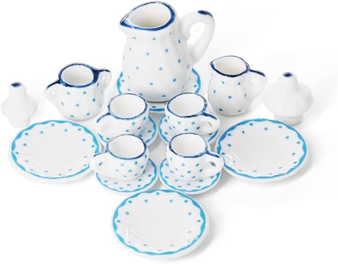 Odoria 1/12 Miniature Porcelain Tea Set 15Pcs Dollhouse Decoration Accessories, Blue Dots