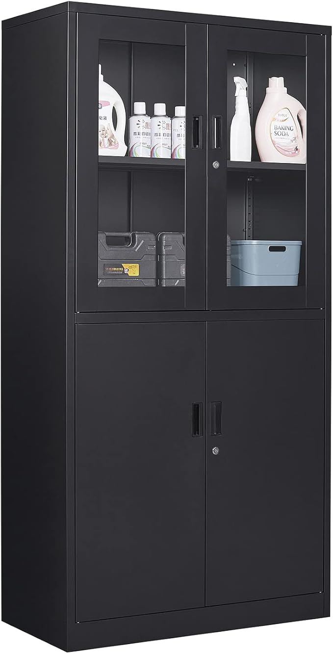 Black Metal Storage Cabinet with Glass Doors, 71" Locking Glass Door Cabinet with 2 Adjustable Shelves, Steel Storage Cabinet with 4 Doors for Home, Living Room, Bathroom