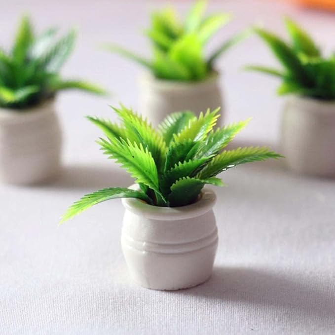 1:12 Scale Mini Potted Plants - Resin Botanical Decor for Dollhouse Kitchens and Living Rooms, Evergreen DIY Craft Accessories with Lifelike Foliage (2PCS)