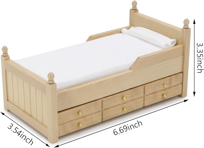Dollhouse Miniature Bed with Drawer 1:12 Wooden Furniture European Bedroom Bedding Furniture Accessories with Pillow & Mattresses Vintage Floral Fabric Mini House Decoration (Woody)
