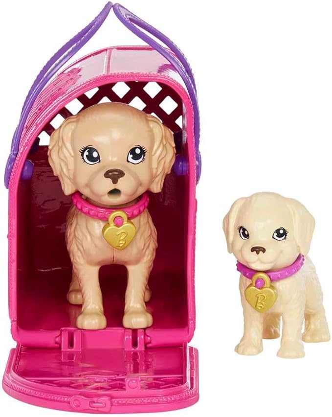 Barbie Pup Adoption Doll & Accessories Set with Color-Change, 2 Pets, Carrier & 10 Accessories, Brunette in Purple Dress