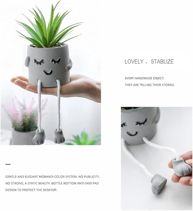 SEMSOIIO 3 Pcs Aesthetic Faux Succulents with Dangling Legs Small Fake Plants in Face Pots Kawaii Shelf Sitters Unique Office Gifts for Women and Coworkers Grey
