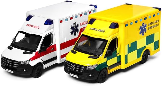 KiNSMART - Mercedes-Benz Sprinter Cargo Van 1:48 O Scale 5" Die Cast Metal Model Toy Van, Pull-Back Action (Ambulance Truck 2 Set)