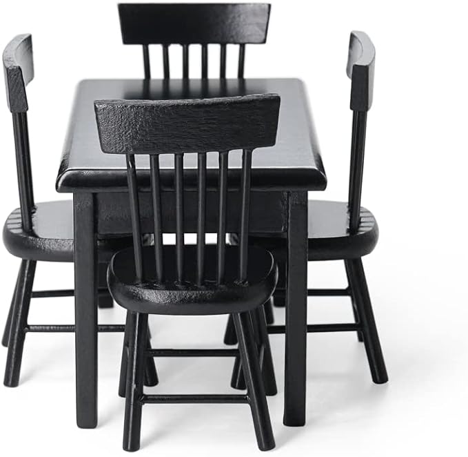 Odoria 1/12 Miniature Dining Table and Chairs Dollhouse Kitchen Furniture Accessories, Black