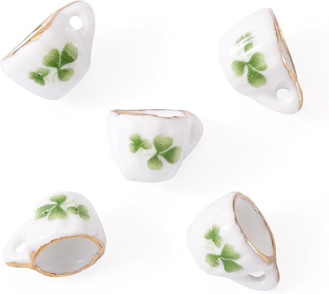 5Pcs Lucky Clover Mini Porcelain Tea Cup Decorations 3D Ceramic Tea Set Miniature Model Ornaments Dollhouse Micro Landscape Decoration Flower Garden Home Decor St. Patrick's Day 16x12x10mm