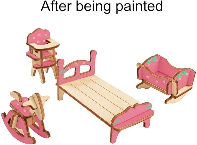 BOHS 34-Piece Dollhouse Furniture Set -1/24 Scale, Laser Cut Wooden 3D Puzzles - Miniature Doll House DIY Models and Accessories