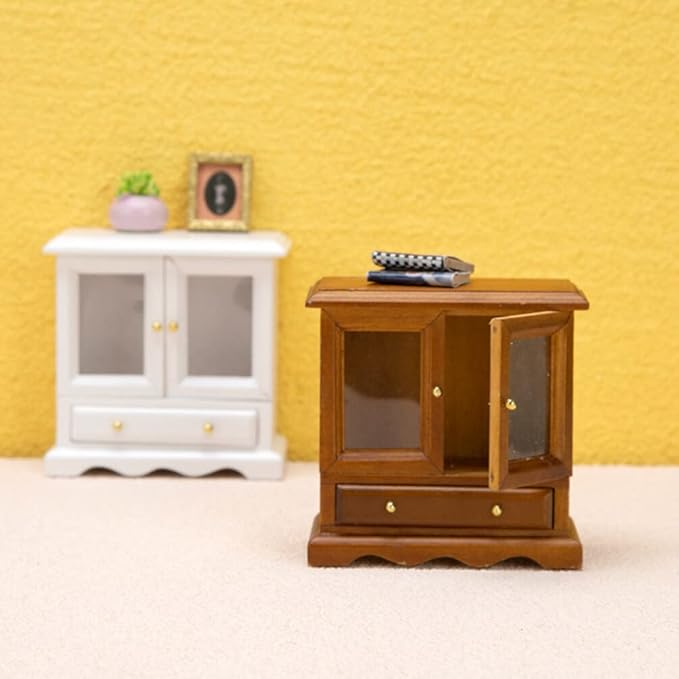 SAFIGLE Wooden Miniature Cupboard Bookshelf for Dollhouse - 1:12 Scale Rustic Furniture, Dollhouse Accessory and Organizer