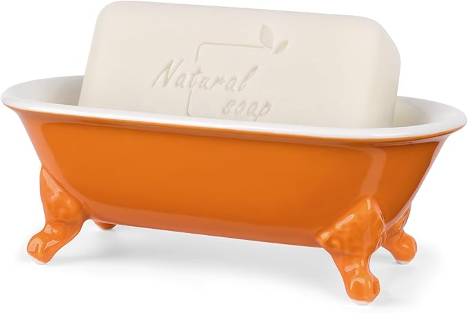 NEWHENGS 6.5" Ceramic Mini Decorative Clawfoot Bathtub Bar Soap Dish, Kitchen Sponge Holder and Shower Tray for Bathroom, 1 Pack(Tangerine)
