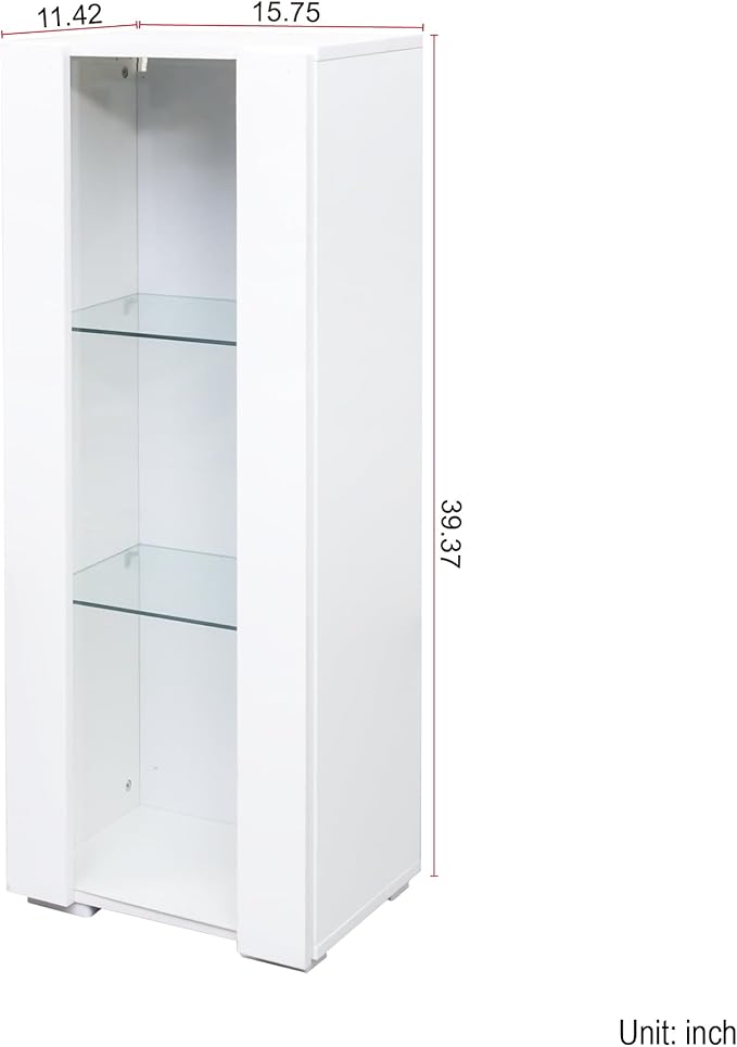Pvillez 39" LED Display Cabinet with 3 Glass Shelves & 1 Door, Modern Wall-Mounted Curio Cabinet Display Case Storage Cabinet, High Gloss Floor Standing Bookshelf for Living Room Bedroom (White)