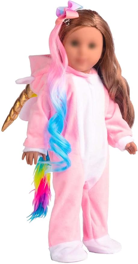 sweet dolly 18 Inch Doll Clothes Unicorn Onesie Pajamas Rainbow Color Hair Bow Clips Costume Fits 18 Inch Doll (Doll Not Included)