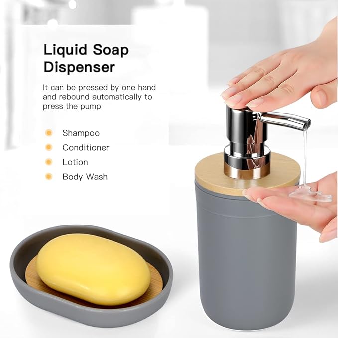 OTOSTAR Bathroom Accessory Set 8 Pieces Bathroom Accessories Set Bamboo Gift Bathroom Set with Trash Can Toothbrush Holder Soap Dispenser Soap and Lotion Set Tumbler Cup 2 Qtip Holder Jars (Grey)