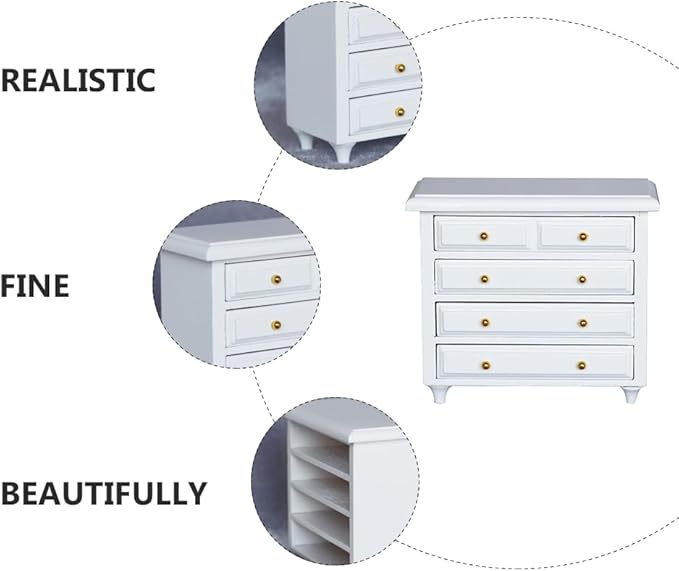 1:12 Dollhouse Miniature Furniture, Solid Wood Cabinet with White Drawers, Mini House Decor for Living Room and Bedroom Scenes, 3.81 X 3.42 X 1.65 Inches
