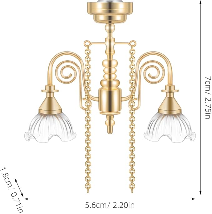 Miniature Dollhouse Chandelier Light - Gold Double-Head Floral Pendant Lamp with Illuminated Ceiling Light for Dollhouse Furniture Accessories and Tiny Home Decor