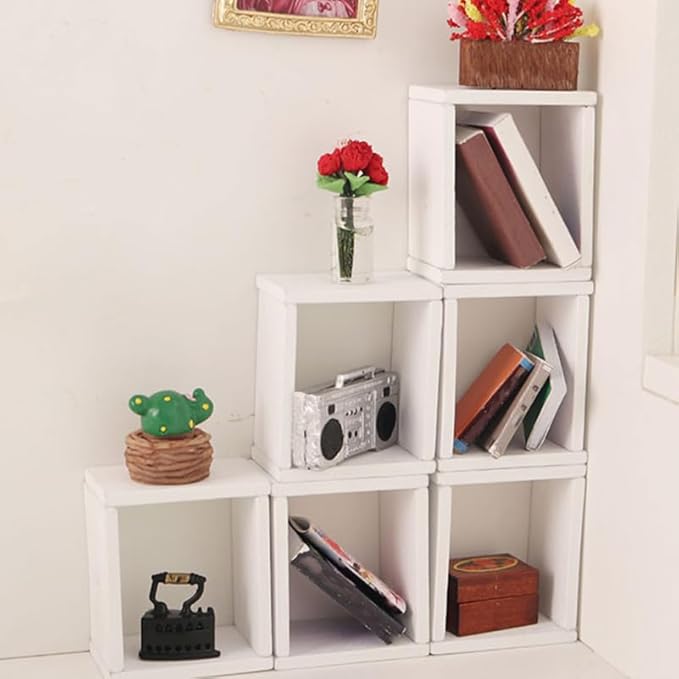 TOYANDONA 6pcs Dollhouse Miniature Storage Rack Floating Shelves Doll House Wall Rack Bookshelf Display Dollhouse Furniture Accessories White, 5.00X4.20X2.80CM, 7Z1025312FXTZ
