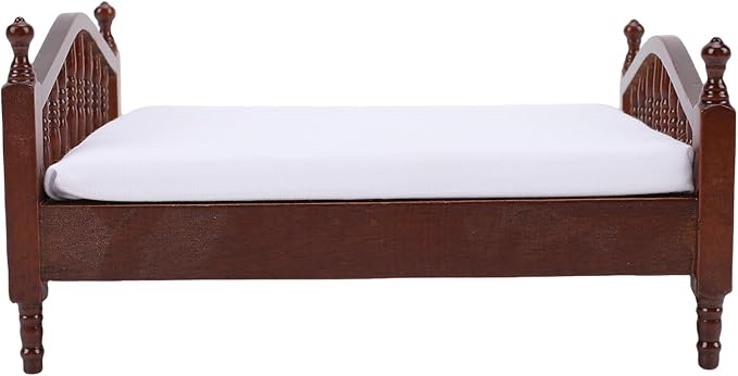 Diydeg Wooden Doll House Bed, 1: 12 Scale Dollhouse Miniature Furniture Vintage Wooden Bed with Bedding, DIY Scene Doll Home Furniture Craft Accessoreis