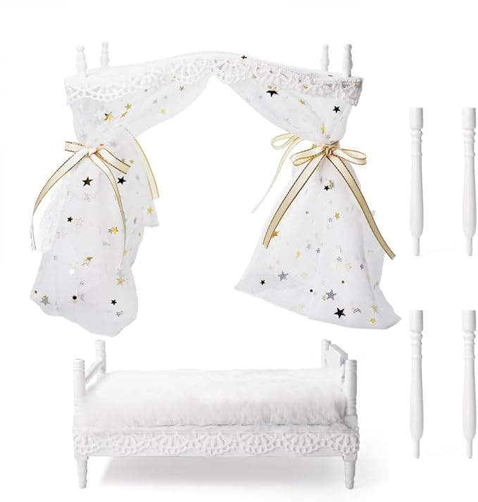 Odoria Dollhouse Princess Bed Miniature: 1/12 Scale Queen Bed White Fluffy for 6 inch Dolls Bedroom - Mini Bedding Furniture with Luxury Canopy