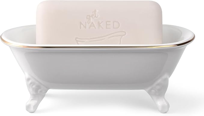 NEWHENGS 6.5" Ceramic Mini Decorative Clawfoot Bathtub Bar Soap Dish, Kitchen Sponge Holder and Shower Tray for Bathroom, 1 Pack (White Gold Rim)