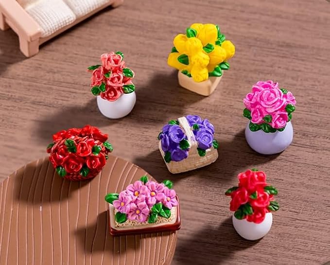 JiuGongmoup 8 Pcs Mini Resin Flowerpot Figurines - Rose, Tulip & Sunflower Potted Flowers, Cute Miniature Plants for Dollhouse Accessories, Desk, Car & Home Decorations, Refreshing Gifts for Girls
