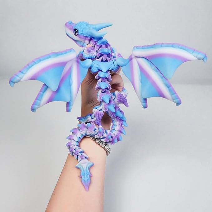 3D Printed Dragon with Wings,3D Printed Animals Toys, Fidget Dragon Toys, Flexible Articulated Winged Crystal Dragon Model,Desktop Pet Deco, Stocking Stuffers (Rainbow-WhiteBlue)
