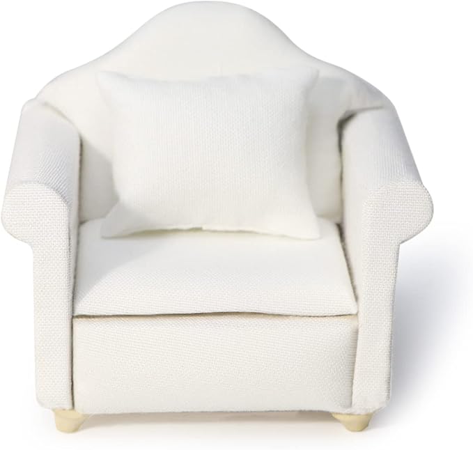 Dollhouse Couch Miniature Furniture Sofa with Pillows for Living Room Desktop Decoration Fabric Sofa Mini Home Scene Accessories Ornament (Single Sofa, White)