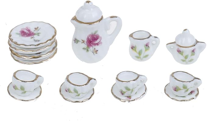 15 Pcs 1:12 Dollhouse Dining Ware Miniature Dish Cup Plate Pink Rose Chintz with Golden Trim Tableware Porcelain Ceramic Coffee Tea Cups Set,Dollhouse Decoration Kitchen Accessories
