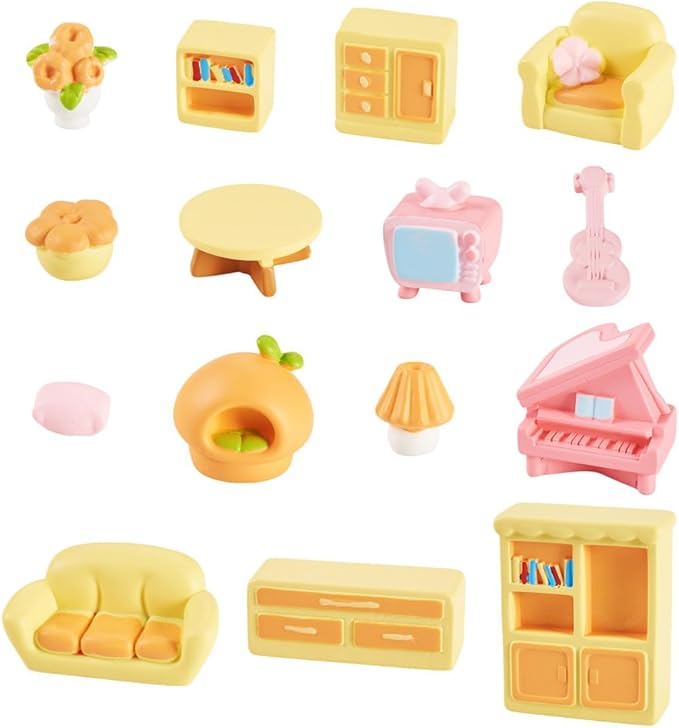 15Pcs Resin Mini Dollhouse Decor Sofa Table Bookcase Piano Living Room Miniature Furniture Set for Garden Micro Landscape Playhouse Ornament Accessories