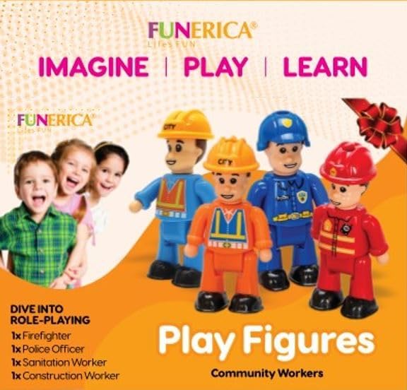 FUNERICA Toy Figures & Playsets - Firefighter, Police, Sanitation, Construction Worker - Play People Figures for Toddlers & Kids - Little People Toy Figurines - Mini People Community Helpers (4-Pack)