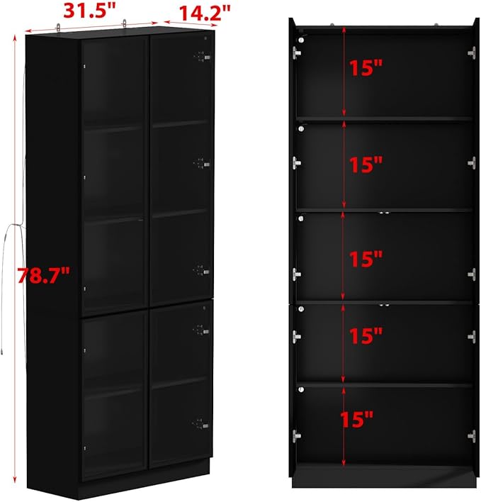 FAMAPY Display Cabinet with 4 Glass Doors and Lights, 5-Tier Storage Shelves, Pop-up Design, Trophy Case Display Cabinet for Collectibles, Black (31.5”W x 14.2”D x 78.7”H)