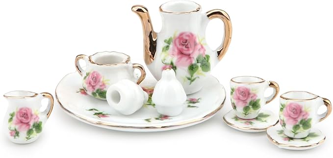 Dollhouse 1:6 Porcelain Tea Cup Sets 8 Pcs Set Miniature Ceramics Dollhouse Accessories Flower Pattern Teapot Platter Dish Sets Dollhouse Kitchen Supplies Decoration (Little Rose)