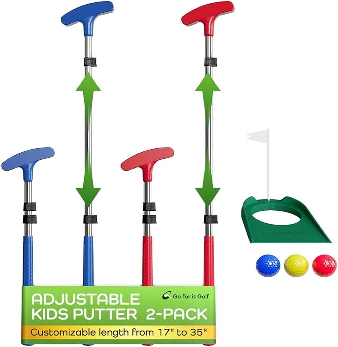 Go For It Golf Kids Putter - Extendable Shaft for Junior Golfers - Adjustable Size for Right and Left Hand - Perfect Training Club for Kids - Includes 3 Balls, Cup with Flag 17"-35"