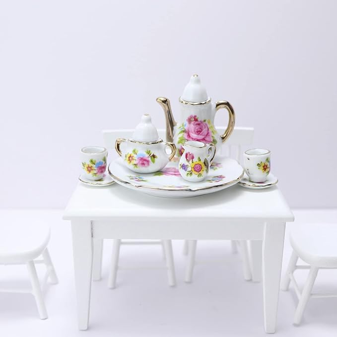Dollhouse Tea Cup Sets 1:6 Scale Miniature Porcelain Dollhouse Accessories 8PCS Flower Pattern Teapot Platter Dish Sets Dollhouse Kitchen Supplies Decoration (Pink)