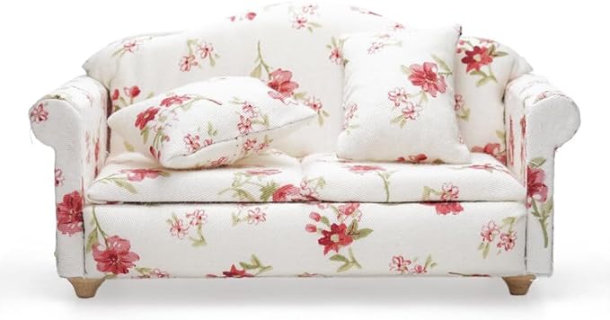 Odoria Dollhouse Couch Loveseat Miniature - 1/12 Scale Upholstered Sofa for Vintage Country Living Room - Mini Settee Chaise Lounge Wood Furniture Floral Red