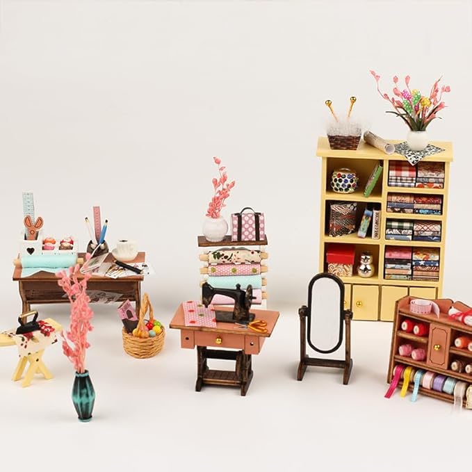 DIY Miniature House Kit,Tailor Shop Dollhouse Miniature Kit with LED & Furniture,Mini Diorama House Building Kit for Adults,3D Wooden Craft Tiny House Mini Model Kit,Home Decor Family Birthday Gifts