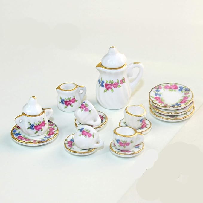 Dollhouse Decoration Accessories, 1:12 Dollhouse Miniature Scene Model 15 PCS Porcelain Teacup and Saucer Set (A, 15 Pcs)