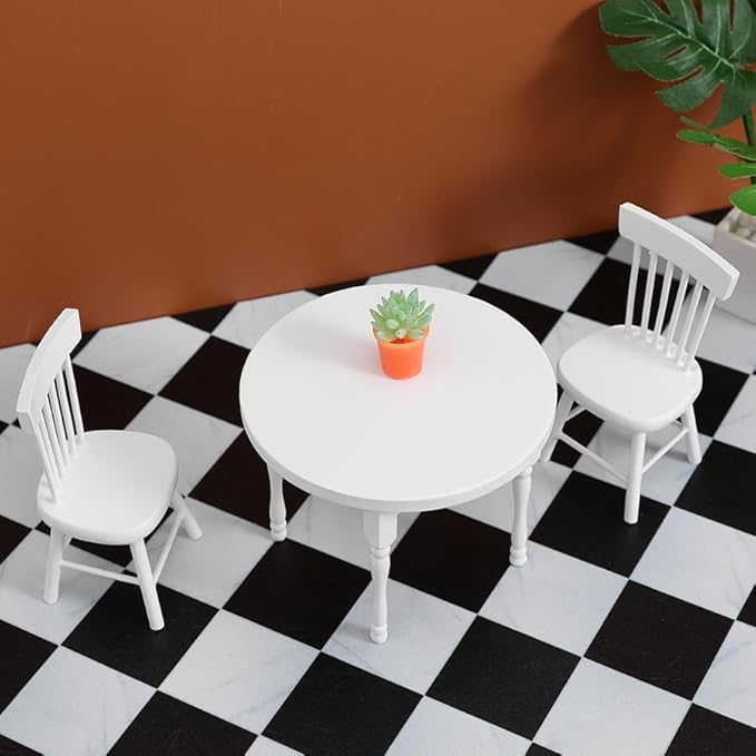 Vaguelly 1 Set Dollhouse Dining Table and 2 Chairs,1/12 Scale Miniature Table Chair Set,Wooden Dollhouse Kitchen Furnitures Miniature Chairs and