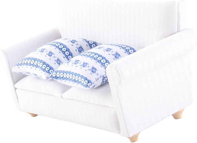 Miniature Sofa for Dollhouse 1/12 Scale, Wooden Double Sofa Set with Cushions - Dollhouse Furniture Living Room Bedroom Decoration Accessories