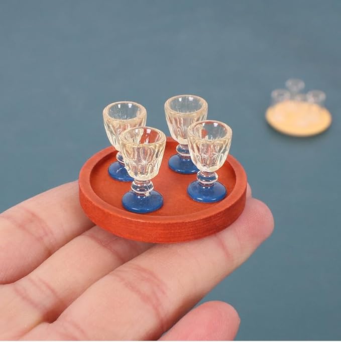 4Pcs Lovely Miniature Wine Glass Set for Dollhouse, 1:6 1:12 Scale, Ideal for Creating Realistic Dining Scenes，Dolls House Blue Stem Wine Glasses Miniature Bar Dining Room Accessory