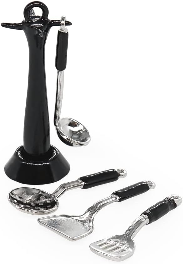 Odoria 1/12 Miniature Kitchen Utensils with Stand Dollhouse Decoration Accessories, Black