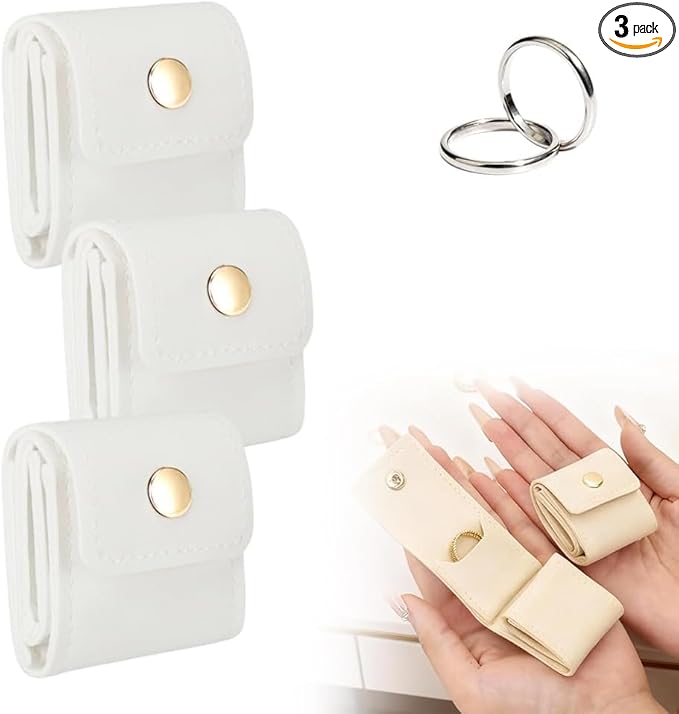 Leather Mini Travel Jewelry Bag, Portable Foldable Mini Travel Jewelry Roll Bag with Buckle, Small Jewelry Box for Travel Essentials, Earrings, Rings, Necklaces (3, White)