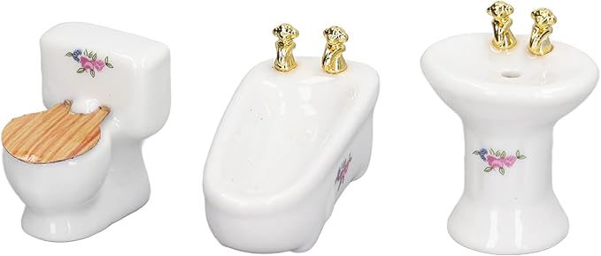shenruifa 3Pcs Dollhouse Miniature Bathroom Set, 1:24 Ceramic Simulation Bathtub Toilet Sink Dollhouse Bathroom Furniture (Flower Shape)