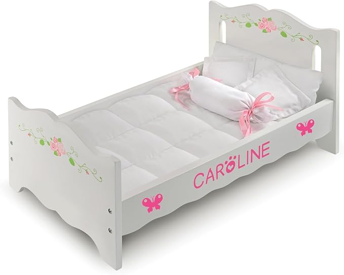 African Adventure Doll Bed with Bedding & Personalization Kit - White Rose - 22" L x 11.25" W x 10.25" H - for Dolls Up to 20", Includes Four Pillows