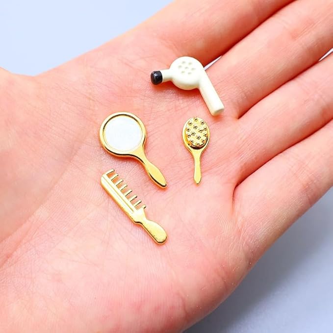 4Pcs Miniature Comb Hair Dryer Mirror Makeup Set, 1:12 Scale Dollhouse Decorations, Hair Dryer Dollhouse Miniature Bathroom Accessory
