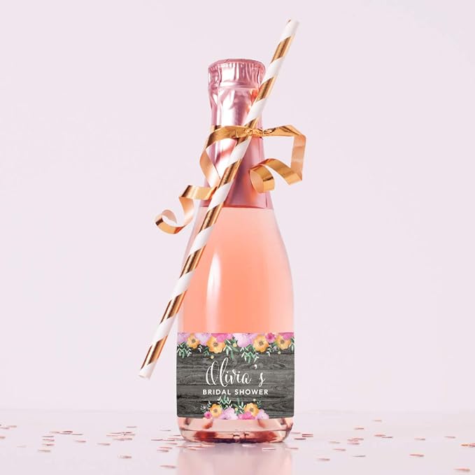 Andaz Press Personalized Mini Champagne Wine Bottle Labels, Olivia's Bridal Shower, Date, Rustic Gray Wood Floral Flowers, 20-Pack, Custom Mini Champagne Favor Gift Stickers