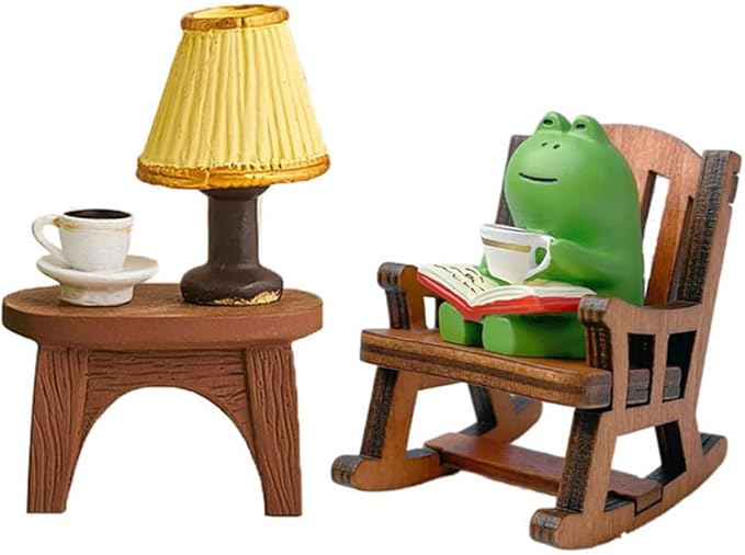 Miniature Frog Figurine Statue, Help Relax Enjoying Tea Time Mini Frog Cat Collection Desk Ofiice Bedroom Decor, Healing Heart Good Mood Indoor Home Decorations with Gift Box -Reading