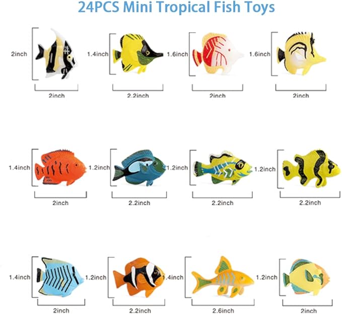 RCOMG 24PCS Tropical Fish Toys, Plastic Sea Creatures Figurines Set, Educational Learning Ocean Animal Figures, Party Favor Miniature Toys Gifts for Boys Girls Kids