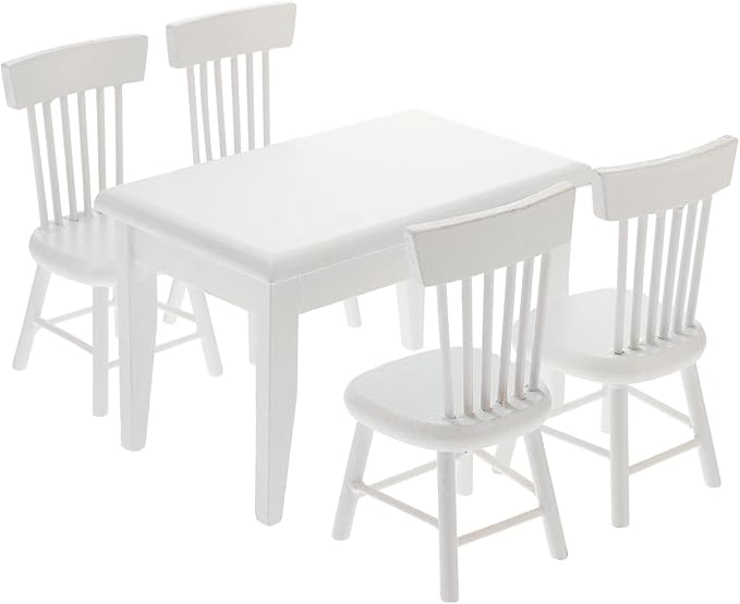 Beaupretty Doll House Furniture Miniature Wooden Dollhouse Table and Chairs Mini Accessories of Dining Room (White)