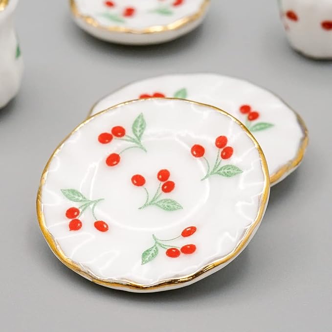 Odoria 1/12 Miniature Porcelain Tea Set 15Pcs Dollhouse Decoration Accessories, Cherry