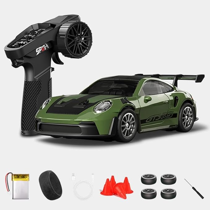 1:43 RC Drift Car D43-01 - 2.4G Full Proportional 4WD Alloy 20KM/H High Speed RC Racing Car with Gyro, Silent Bearings, Adjustable Speed & Lighting(Q9/Dark Green/D43-01)